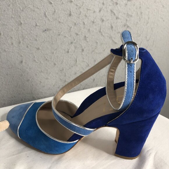 Mavette Shoes Womens 7.5 Blue Suede Nala D'orsay Pump Round Toe  Silver Piping - Picture 10 of 16